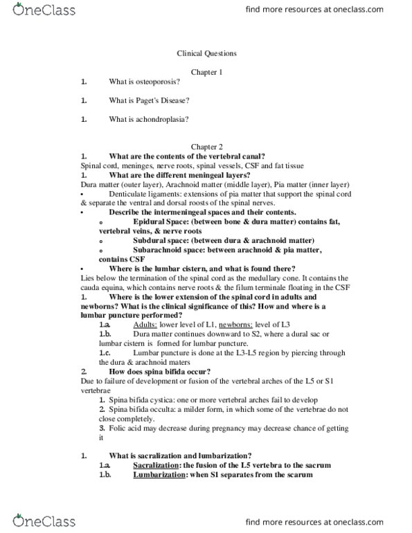 ZOO 3733C Lecture Notes - Lecture 6: Spina Bifida, Subarachnoid Cisterns, Lumbar Puncture thumbnail