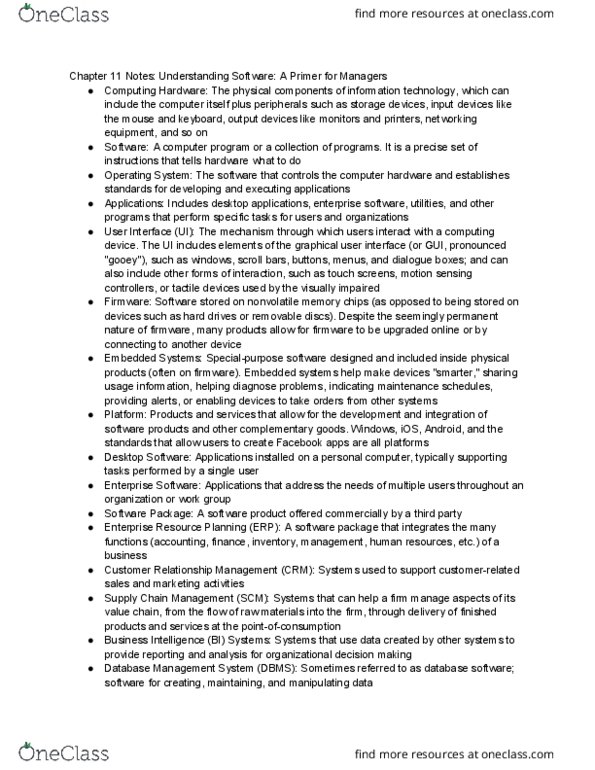 MIS 301 Chapter Notes - Chapter 11: Database, Enterprise Resource Planning, Customer Relationship Management thumbnail