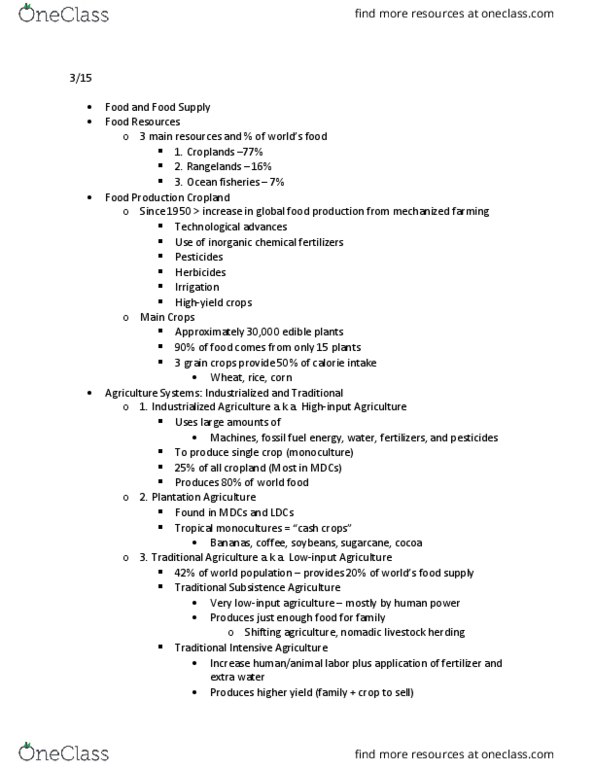 ENV-1010 Lecture Notes - Lecture 16: Crop Yield, Multiple Cropping, Selective Breeding thumbnail