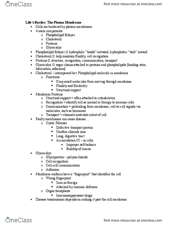 BIOL 101 Lecture Notes - Lecture 3: Cystic Fibrosis, Passive Transport, Glycocalyx thumbnail