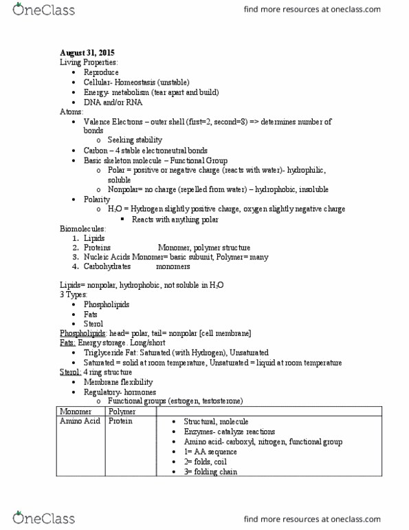 BIOL 101 Lecture Notes - Lecture 1: Sterol, Monomer, Triglyceride thumbnail