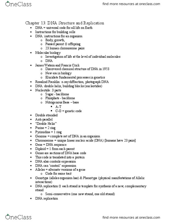 BIOL 101 Lecture Notes - Lecture 7: Francis Crick, Dna Replication, Pyrimidine thumbnail