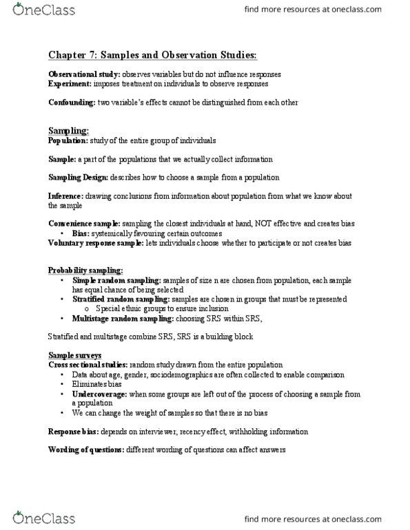 Statistical Sciences 2244A/B Chapter Notes - Chapter 7-8: Simple Random Sample, Recall Bias, Observational Study thumbnail