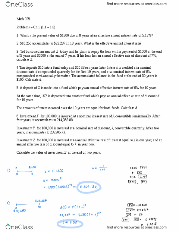 MATH 325 Chapter Notes - Chapter 1: Nominal Interest Rate, Effective Interest Rate thumbnail