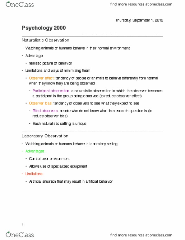 PSYC 2000 Lecture Notes - Lecture 3: Naturalistic Observation, Observer-Expectancy Effect, Participant Observation thumbnail