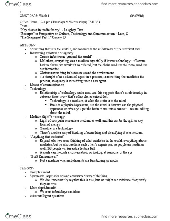 CMST 2C03 Lecture Notes - Lecture 1: Marshall Mcluhan, List Of Muppets thumbnail