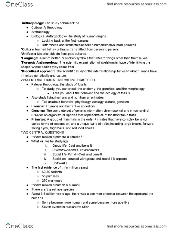 ANTHRO 105 Lecture Notes - Lecture 1: Bipedalism, Hominini thumbnail