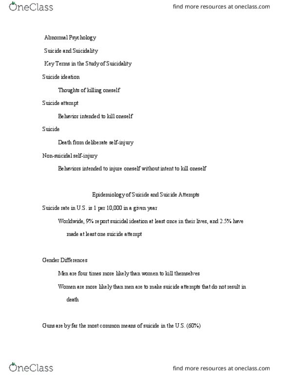 PSCH 270 Lecture Notes - Lecture 12: Suicidal Ideation, Suicide Attempt, List Of Sovereign States By Suicide Rate thumbnail