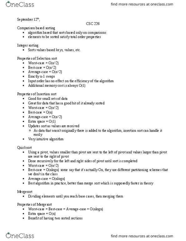 CSC 226 Lecture Notes - Lecture 2: Sorting Algorithm, Integer Sorting, Merge Sort thumbnail