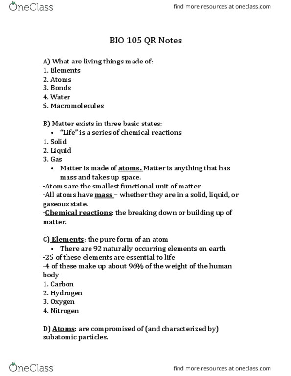 BIO 105QR Lecture Notes - Lecture 2: Electron Shell, Atomic Number, Deuterium thumbnail