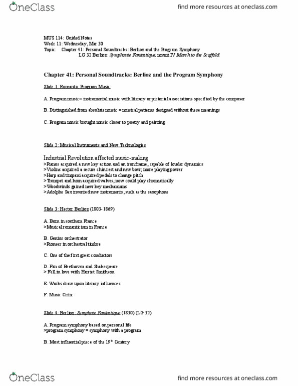 MUS 142 Lecture Notes - Lecture 23: Hector Berlioz, Symphonie Fantastique, Adolphe Sax thumbnail