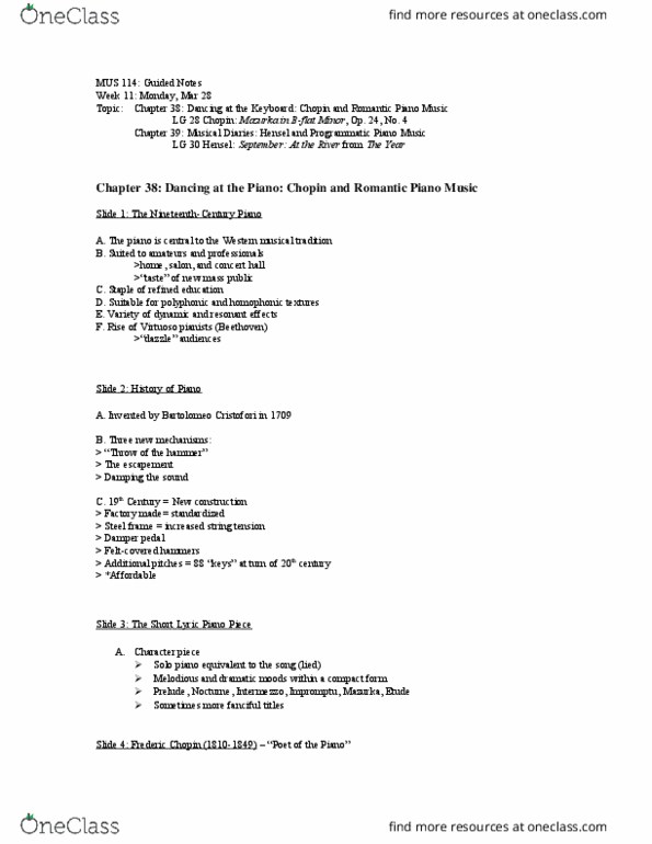 MUS 142 Lecture Notes - Lecture 24: Bartolomeo Cristofori, Sustain Pedal, Mazurka thumbnail