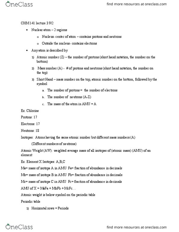 CHM 141 Lecture Notes - Lecture 3: Relative Atomic Mass, Mass Number, Atomic Number thumbnail