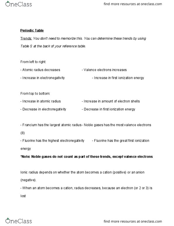 CAS CH 102 Lecture Notes - Lecture 14: Ionic Radius, Valence Electron, Francium thumbnail