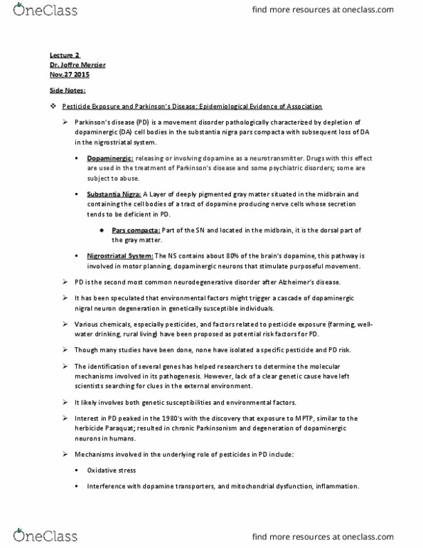 BIOL 1F25 Lecture Notes - Lecture 2: Substantia Nigra, Mptp, Pars Compacta thumbnail