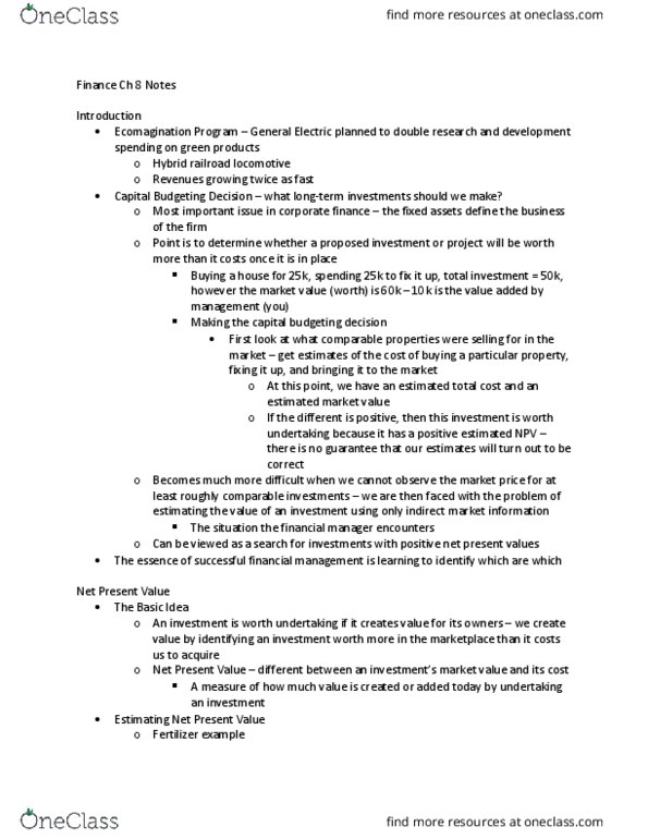 FIN 3000 Lecture Notes - Lecture 8: Net Present Value, Discounted Cash Flow, Corporate Finance thumbnail