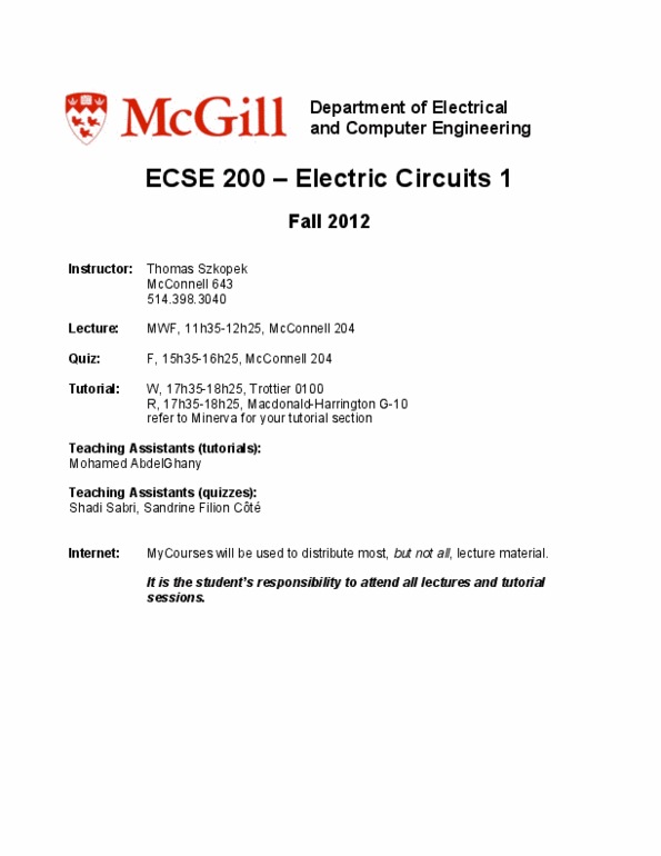 ECSE 200 Lecture Notes - Mesh Analysis, Electrical Engineering, Thrice thumbnail