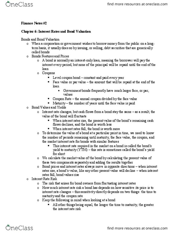 FIN 3000 Lecture Notes - Lecture 2: Interest Rate Risk, Unsecured Debt, United States Treasury Security thumbnail