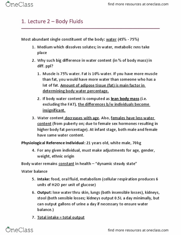 PHGY 209 Lecture Notes - Lecture 2: Body Fat Percentage, Lean Body Mass, Water Content thumbnail