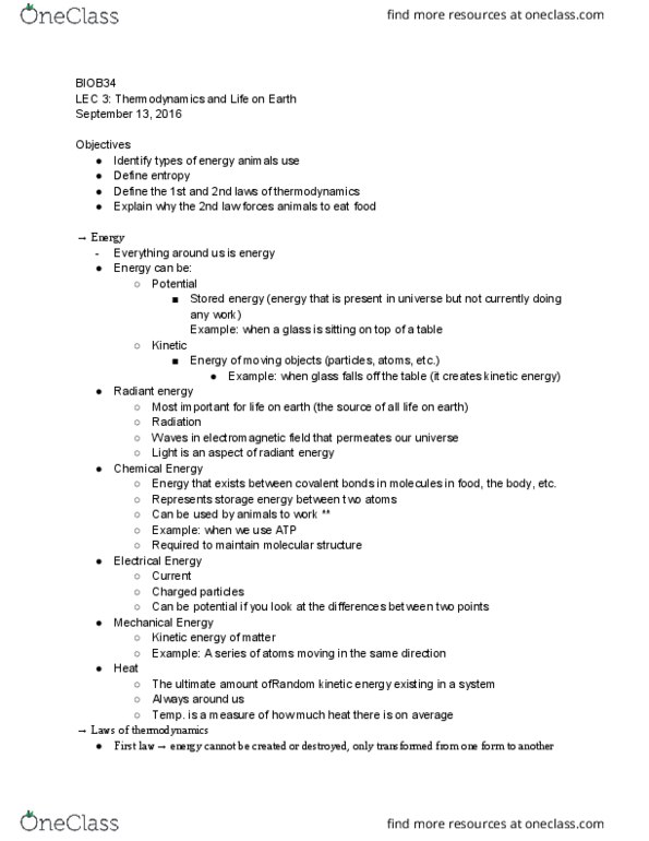 BIOB34H3 Lecture Notes - Lecture 3: Radiant Energy, Thermodynamics, Covalent Bond thumbnail