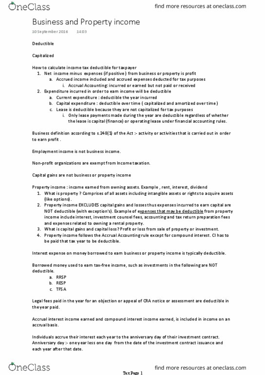 AFM202 Lecture Notes - Lecture 1: Property Income, Tax Deduction, Capital Expenditure thumbnail