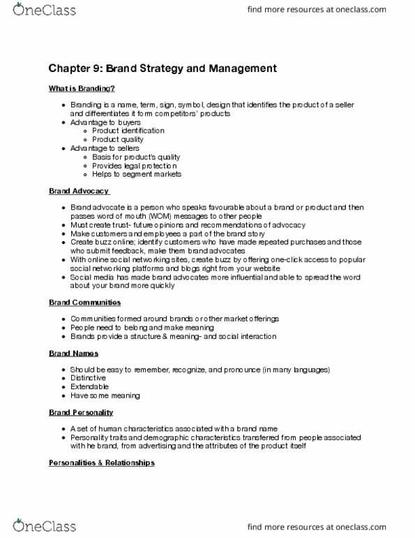 MARK301 Chapter 9: Chapter 9- Brand Strategy and Management thumbnail