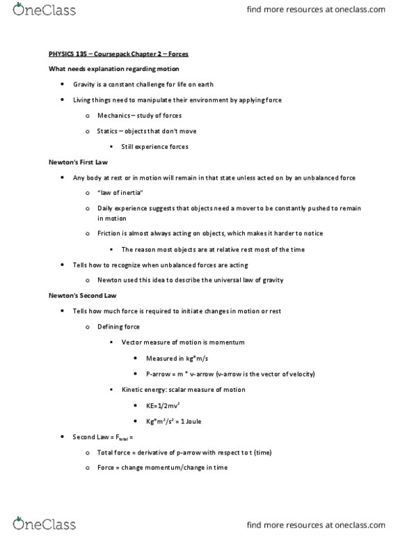 PHYSICS 135 Chapter Notes - Chapter 2: Vector Measure, Kinetic Energy, Statics thumbnail