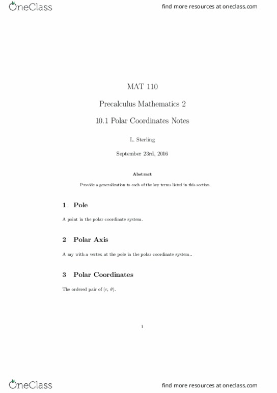 MAT 110 Lecture Notes - Lecture 21: Precalculus thumbnail