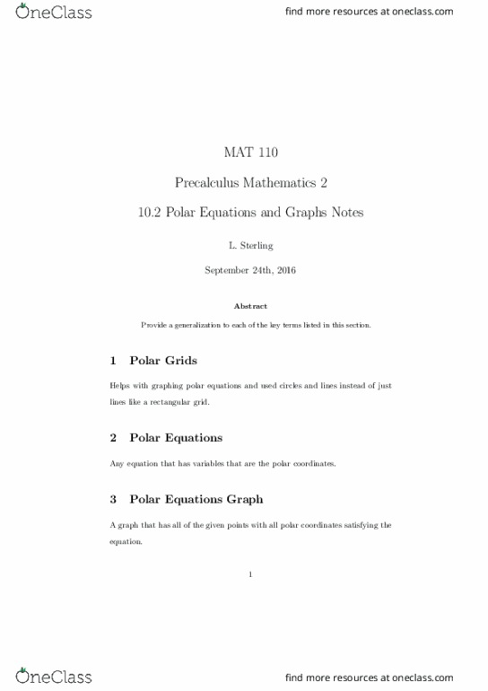 MAT 110 Lecture Notes - Lecture 22: Cartesian Coordinate System, Polar Coordinate System, Precalculus thumbnail