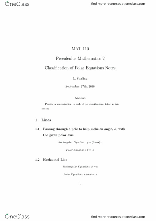 MAT 110 Lecture Notes - Lecture 23: Polar Coordinate System, Precalculus, Cardioid thumbnail