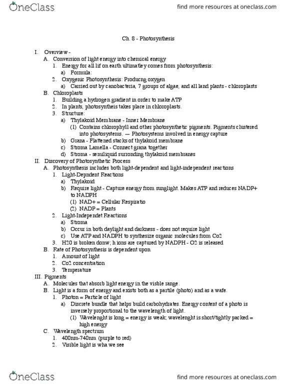 BIOL 1061 Lecture Notes - Lecture 8: Photosystem I, Thylakoid, Photosynthesis thumbnail