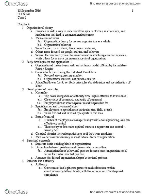 POLS 240 Lecture Notes - Lecture 6: Organizational Theory, Scientific Management, Closed System thumbnail