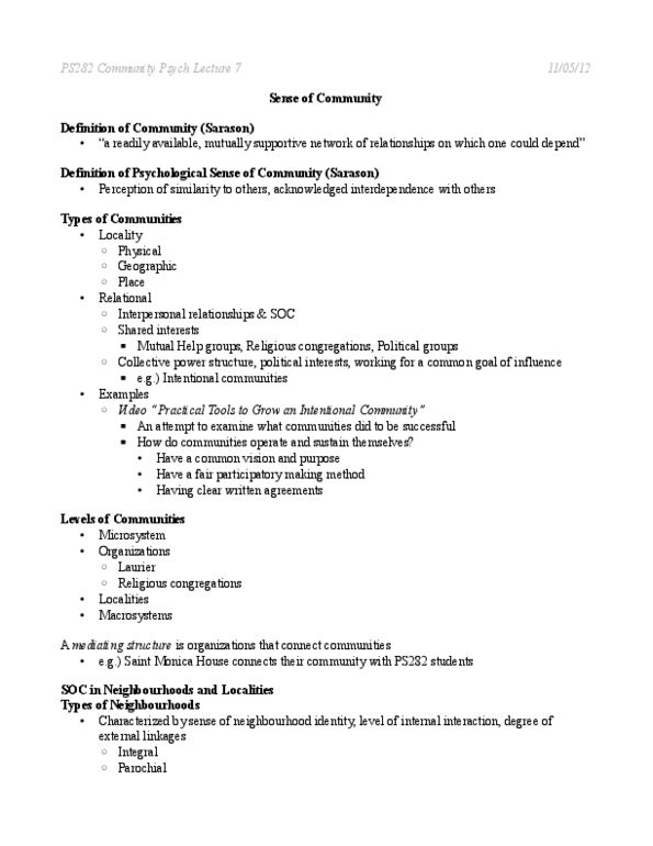 PS282 Lecture Notes - Lecture 7: Intentional Community, Psych, Experiential Knowledge thumbnail
