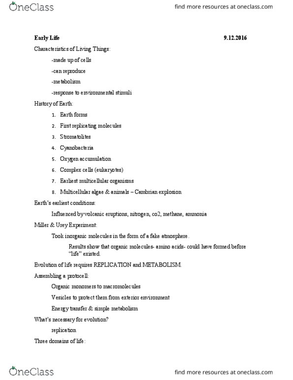 BIO 311C Lecture Notes - Lecture 5: Cambrian Explosion, Protocell, Stromatolite thumbnail