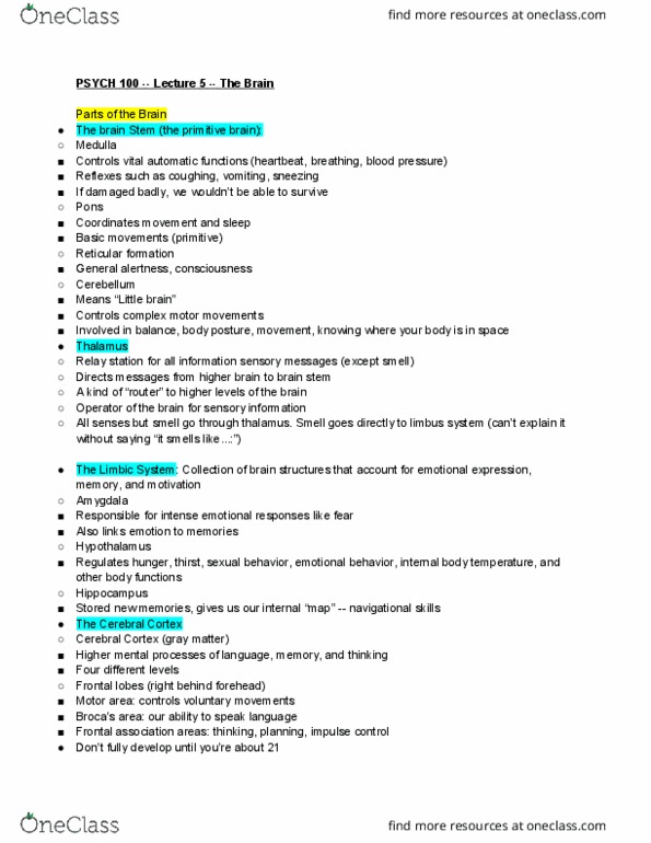 PSYCH 100 Lecture Notes - Lecture 5: Phineas Gage, Frontal Lobe, Brainstem thumbnail