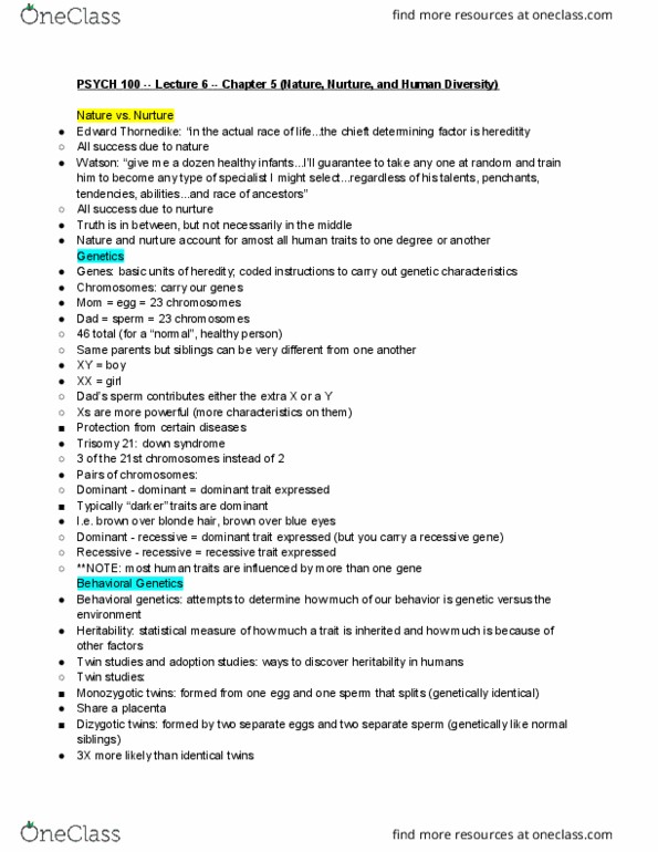 PSYCH 100 Lecture Notes - Lecture 6: Down Syndrome, Behavioural Genetics, Twin Study thumbnail