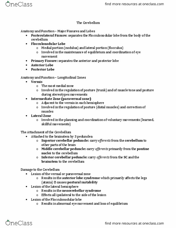 CMD 377 Lecture Notes - Lecture 12: Superior Cerebellar Peduncle, Middle Cerebellar Peduncle, Flocculonodular Lobe thumbnail