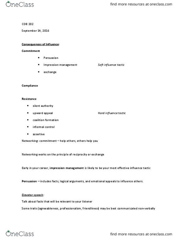 COB 202 Lecture Notes - Lecture 5: Impression Management, Agreeableness thumbnail