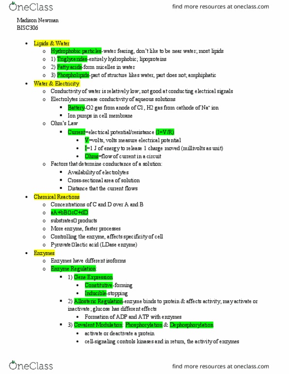 BISC306 Lecture Notes - Lecture 1: Amphiphile, Ion Transporter, Micelle thumbnail