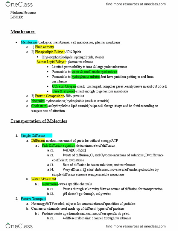 BISC306 Lecture Notes - Lecture 2: Lipid Bilayer, Cell Membrane, Alpha Helix thumbnail