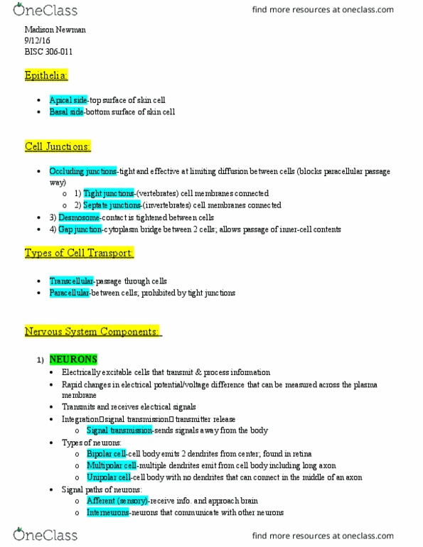 BISC306 Lecture Notes - Lecture 4: Tight Junction, Paracellular Transport, Epithelium thumbnail