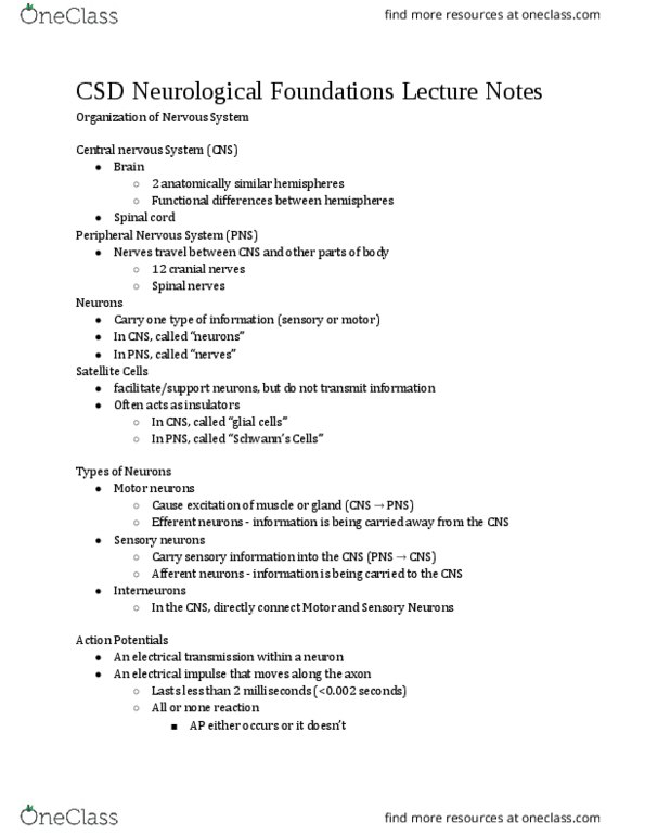 CSD 212 Lecture Notes - Lecture 4: Central Nervous System, Peripheral Nervous System, Spinal Nerve thumbnail