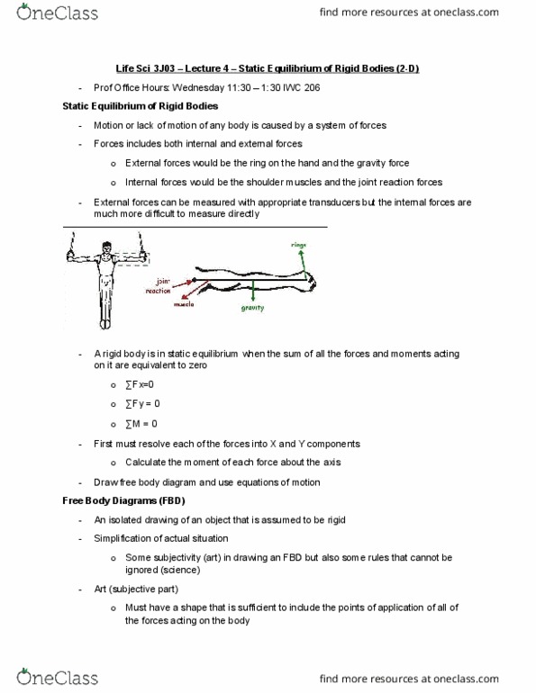 LIFESCI 3J03 Lecture Notes - Lecture 4: Ground Reaction Force, Free Body Diagram, Rigid Body thumbnail