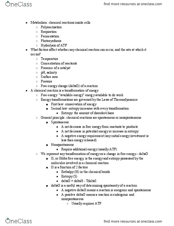 BIOSC 0150 Lecture Notes - Lecture 7: Polymerization, Thermodynamics, Hydrolysis thumbnail