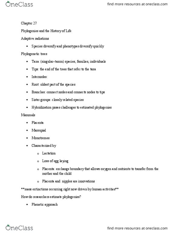 BIOLOGY 1M03 Chapter Notes - Chapter 27: Background Extinction Rate, Distance Matrix, Extinction Event thumbnail