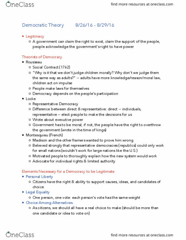 POL_SC 1100 Lecture Notes - Lecture 2: Representative Democracy, Montesquieu, John Q. thumbnail