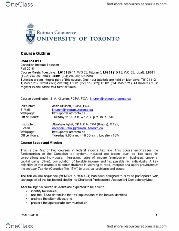 RSM322H1 Lecture Notes - Lecture 1: Canadian Tax Foundation, Taxation In Canada, Chartered Professional Accountant thumbnail