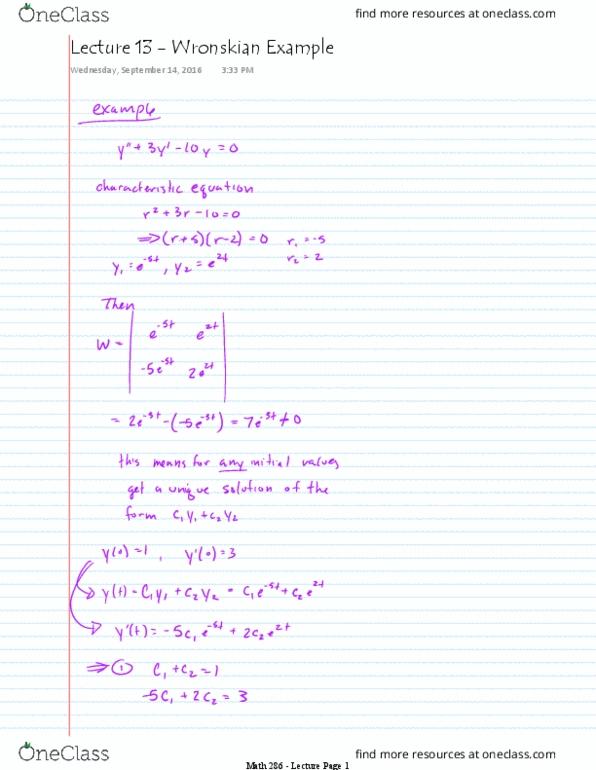 MATH 286 Lecture Notes - Lecture 13: Wronskian thumbnail