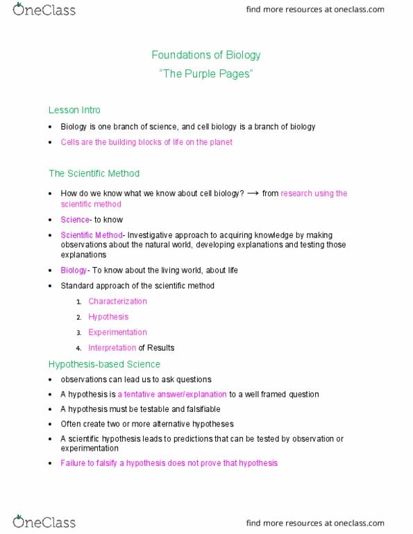 BIOL 1101 Lecture Notes - Lecture 2: Tetravalence, Falsifiability, Monomer thumbnail