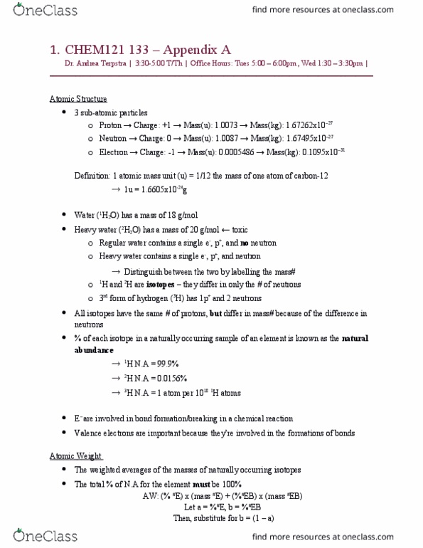 CHEM 121 Chapter Notes - Chapter A.1-A.16: Unified Atomic Mass Unit, Heavy Water, Natural Abundance thumbnail